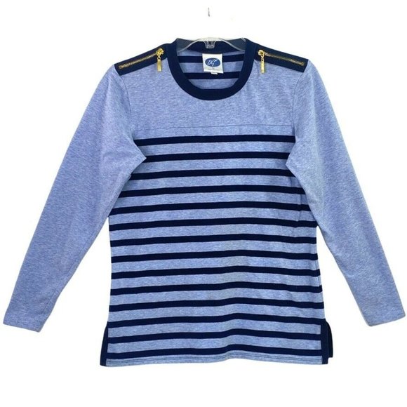 DG2 Diane Gilman Womens XS Top Blue Stripe Pullover 3/4 Sleeve Embellishment - Picture 1 of 10